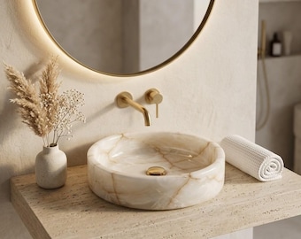 White Onyx Marble Vessel Sink | Round Bathroom Sink | Natural Stone Sink for Bathroom Vanities | Handmade Vessel Sink | Gold Veined Bowl