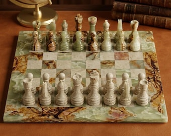 Multi Green Onyx & Travertine Chess Set, Handmade Marble Chess Board with Chess Pieces, Coffee Table Decor, Thanksgiving Gift