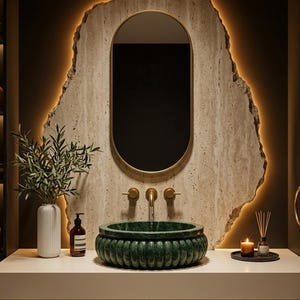 Hand-Carved Green Marble Fluted Vessel Sink | Scalloped Stone Basin, Luxury Vanity Wash