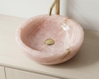 Pink Onyx Marble Sink, Handcarved Stone Basin, Luxury Bathroom Vanity Top