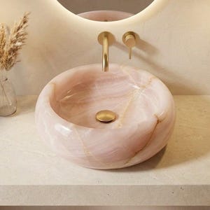 Pink Onyx Vessel Sink, Natural Marble Bathroom Basin, Organic Round Countertop Sink, Luxury Stone Bathroom Decor