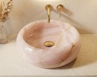 Pink Onyx Vessel Sink, Natural Marble Bathroom Basin, Organic Round Countertop Sink, Luxury Stone Bathroom Decor