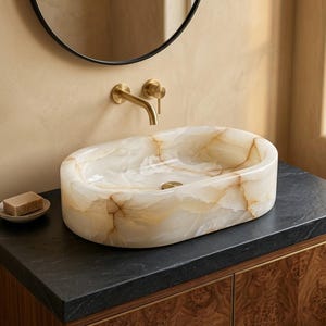 White Onyx Oval Vessel Sink | Hand Carved Natural Stone Bathroom Basin | Oval Marble Vanity Sink | Sculpted Marble Wash Basin