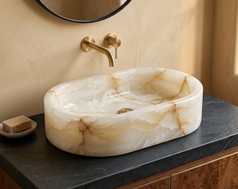 White Onyx Oval Vessel Sink | Hand Carved Natural Stone Bathroom Basin | Oval Marble Vanity Sink | Sculpted Marble Wash Basin