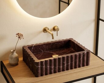 Rosso Levanto Marble Sink | Fluted Rectangular Vessel Sink | Natural Stone Bathroom Sink | Scalloped Basin for Vanities