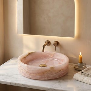 Round Pink Onyx Marble Sink | Natural Stone Vessel Sink | Handmade Bathroom Sink for Vanities | Gold Veined Pink Marble Bowl