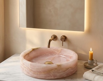 Round Pink Onyx Marble Sink | Natural Stone Vessel Sink | Handmade Bathroom Sink for Vanities | Gold Veined Pink Marble Bowl