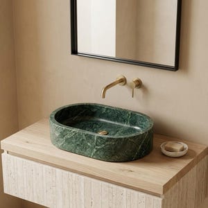 Oval Green Marble Vessel Sink, Handmade Stone Bathroom Basin, Luxury Powder Room Countertop