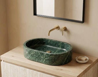 Oval Green Marble Vessel Sink, Handmade Stone Bathroom Basin, Luxury Powder Room Countertop
