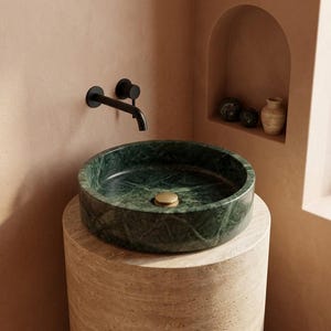 Round Jungle Green Marble Sink | Natural Stone Vessel Sink | Handmade Bathroom Sink for Vanities | Forest Green Marble Bowl