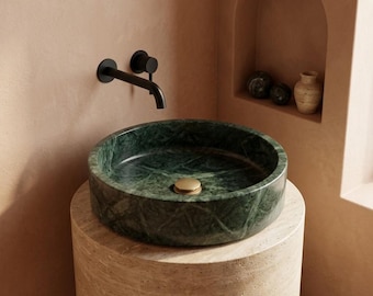 Round Jungle Green Marble Sink | Natural Stone Vessel Sink | Handmade Bathroom Sink for Vanities | Forest Green Marble Bowl