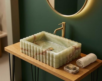 Green Onyx Sink | Fluted Rectangular Vessel Sink | Natural Stone Bathroom Sink | Scalloped Marble Basin for Vanities