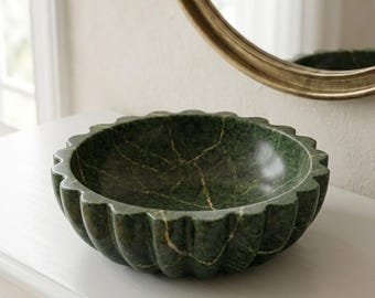 Jungle Green Marble Scalloped Bowl | Lotus Flower Stone Centerpiece