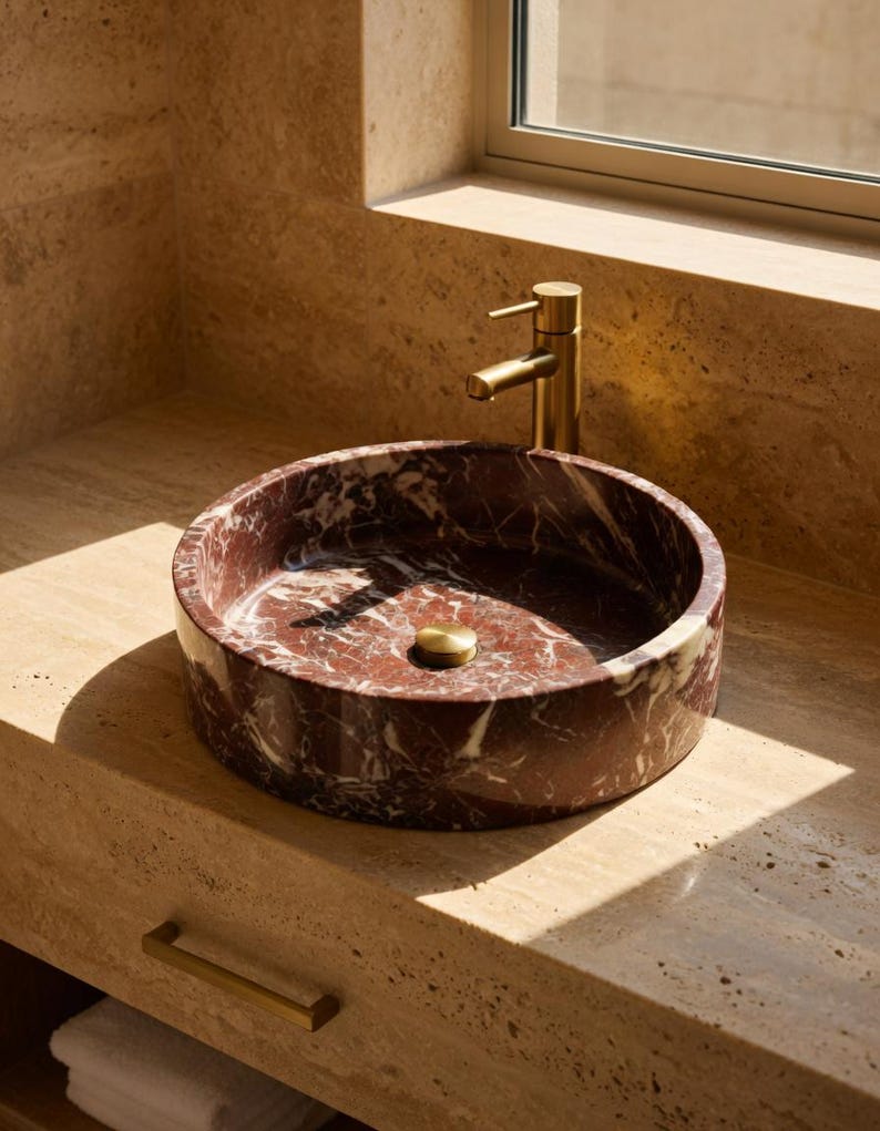 May include: A circular vessel sink crafted from deep red marble with prominent white veining. The sink features a central brass drain plug and is paired with a matching brass faucet, both set against a light beige stone countertop and backsplash.