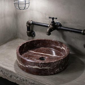 Red Zebra Marble Round Vessel Sink | Handcarved Stone Basin | Luxury Bathroom Vanity Top image 8