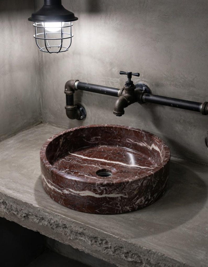 Red Zebra Marble Round Vessel Sink | Handcarved Stone Basin | Luxury Bathroom Vanity Top image 8