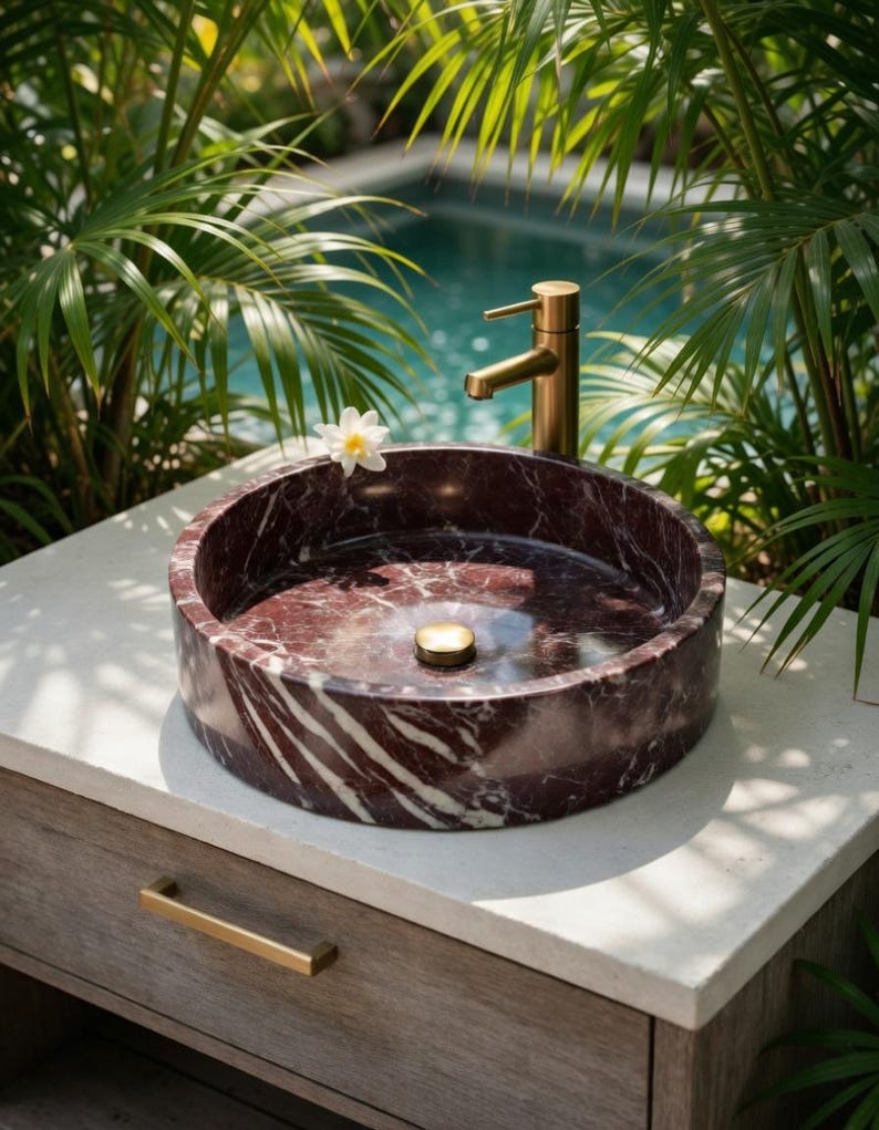 May include: A circular dark red marble vessel sink with white veining, featuring a brushed gold faucet and a matching gold drain plug. The sink is mounted on a light-colored stone countertop with a wooden cabinet base and a gold drawer handle.