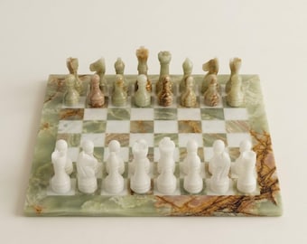 Green Onyx & White Marble Chess Set, Handmade Stone Chess Board with Carved Pieces, Luxury Coffee Table Decor
