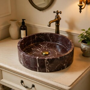 Red Zebra Marble Round Vessel Sink | Handcarved Stone Basin | Luxury Bathroom Vanity Top image 10