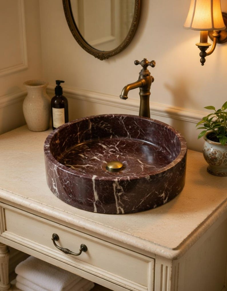 Red Zebra Marble Round Vessel Sink | Handcarved Stone Basin | Luxury Bathroom Vanity Top image 10