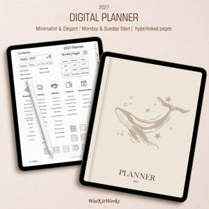 May include: Two tablets displaying a 2027 digital planner. One screen shows a contents page with categories like production, lifestyle, wellness, and finances. The other screen shows a cover page with a whale illustration and the text PLANNER 2027.
