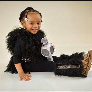 CHILDRENS LEG WARMERS - Children’s Black Faux Fur Rock Star Leg Warmers - Black Boot Covers with Chain link details and side trim