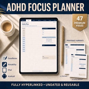 May include: An ADHD Focus Planner displayed on a tablet screen, featuring a daily schedule, top priorities, and notes sections. The set includes 47 premium pages in A4 and US Letter printable formats, compatible with GoodNotes, Notability, iPad, and Android.
