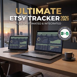 May include: A laptop and tablet displaying financial dashboards with the text ULTIMATE ETSY TRACKER 2026 FULLY AUTOMATED & INTEGRATED. A circular badge states COMPATIBLE WITH EXCEL & GOOGLE SHEETS. The devices sit on a desk with a coffee cup.