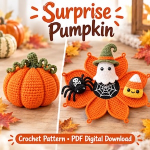 May include: A crochet pattern PDF digital download titled Surprise Pumpkin. The image displays an orange crocheted pumpkin with a green stem and a flower-shaped mat featuring a white ghost in a green hat, a black spider, and candy corn.