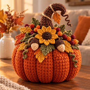 Pode incluir: Uma decoração de abóbora laranja em crochê com um caule castanho alto e encaracolado, um grande girassol amarelo, duas pequenas bolotas, folhas verdes e cachos de pequenas bagas vermelhas e cor de laranja. A abóbora tem uma superfície canelada.