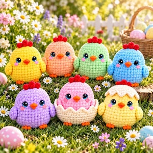Può includere: Sette pulcini di peluche all'uncinetto, rotondi, nei colori giallo, pesca, verde chiaro, blu, viola e rosa, con cresta rossa, becco arancione e grandi occhi blu. Un pulcino rosa è dentro un guscio d'uovo e uno giallo indossa un guscio.