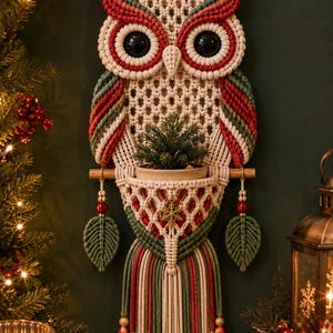 May include: A macrame wall hanging shaped like an owl, crafted from cream, red, and green cord. It features large black eyes, a central pocket holding a small green plant, two leaf-shaped tassels, and a gold snowflake charm at the centre.