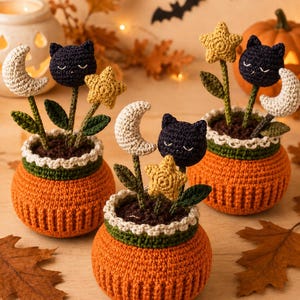 Halloween Cat Flower Pot Crochet Pattern PDF |  Amigurumi Autumn Decor DIY | Pumpkin Planter Crochet Pattern | Instant Download
