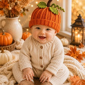 May include: A bright orange crocheted pumpkin hat featuring a dark brown stem and two green leaves with a curly vine. The hat has a ribbed texture and a folded brim. The pumpkin hat is worn by a smiling baby dressed in a cream-colored knit cardigan.