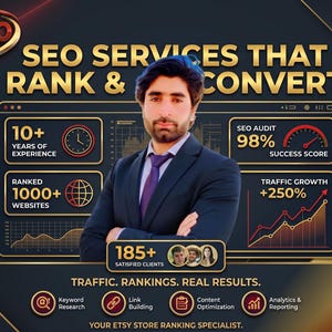 May include: A digital graphic for iRankSEO services featuring a person in a suit with text reading SEO SERVICES THAT RANK & CONVERT, 10+ YEARS OF EXPERIENCE, 1000+ WEBSITES, 98% SUCCESS SCORE, +250% TRAFFIC GROWTH, 185+ SATISFIED CLIENTS, and TRAFFIC. RANKINGS. REAL RESULTS.