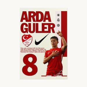 May include: A poster featuring Arda Guler in a red jersey with the number 8, the Turkish national football team crest, a Nike swoosh, and text describing his skills. The design includes a white background with red accents and small circular logos.
