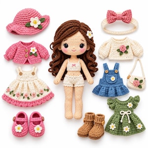 May include: A crocheted doll with long brown hair and a set of interchangeable outfits including a pink hat, a pink cardigan, a white dress with floral embroidery, pink shoes, a cream headband, a cream sweater, a blue overall dress, a bag, and a green dress.