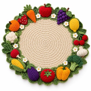 May include: A round, beige crocheted mat featuring a decorative border of various colourful, three-dimensional crocheted fruits, vegetables, and small white flowers. The produce includes a carrot, apple, grapes, lemon, cherry, garlic, broccoli, pepper, tomato, eggplant, corn, radish, cauliflower, orange, and strawberry.