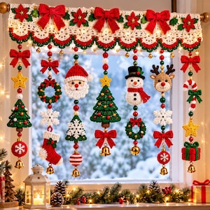 May include: A Christmas window valance featuring a cream-colored crocheted lace top with red bows and poinsettias. Hanging strands include crocheted Santa, snowman, reindeer, Christmas trees, wreaths, stockings, stars, and red ornaments.