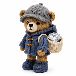 Op de afbeelding: Een bruine gebreide teddybeer met een grijze detectivemuts, een blauwe duffelcoat met twee bruine houtje-touwtje sluitingen en bijpassende blauwe laarsjes. De beer draagt een beige gebreid mandje op de rug met een grote, heldere, geslepen diamant.