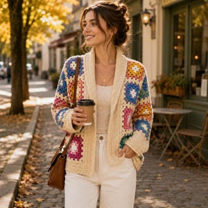 May include: A cream-colored cardigan featuring a multi-colored granny square crochet pattern on the sleeves and front panels, paired with a light-colored tank top, white trousers, and a brown leather shoulder bag while holding a coffee cup.