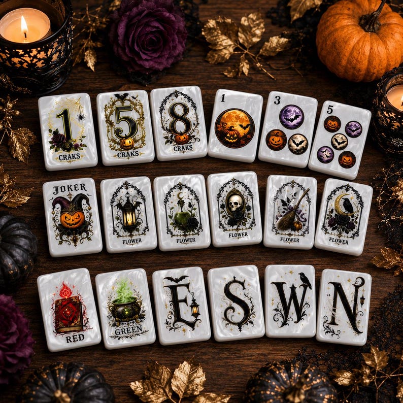 May include: A set of rectangular mahjong tiles featuring Halloween-themed illustrations. The tiles display numbers, flowers, and directional letters E, S, W, N, alongside imagery of pumpkins, skulls, bats, lanterns, spellbooks, and cauldrons.