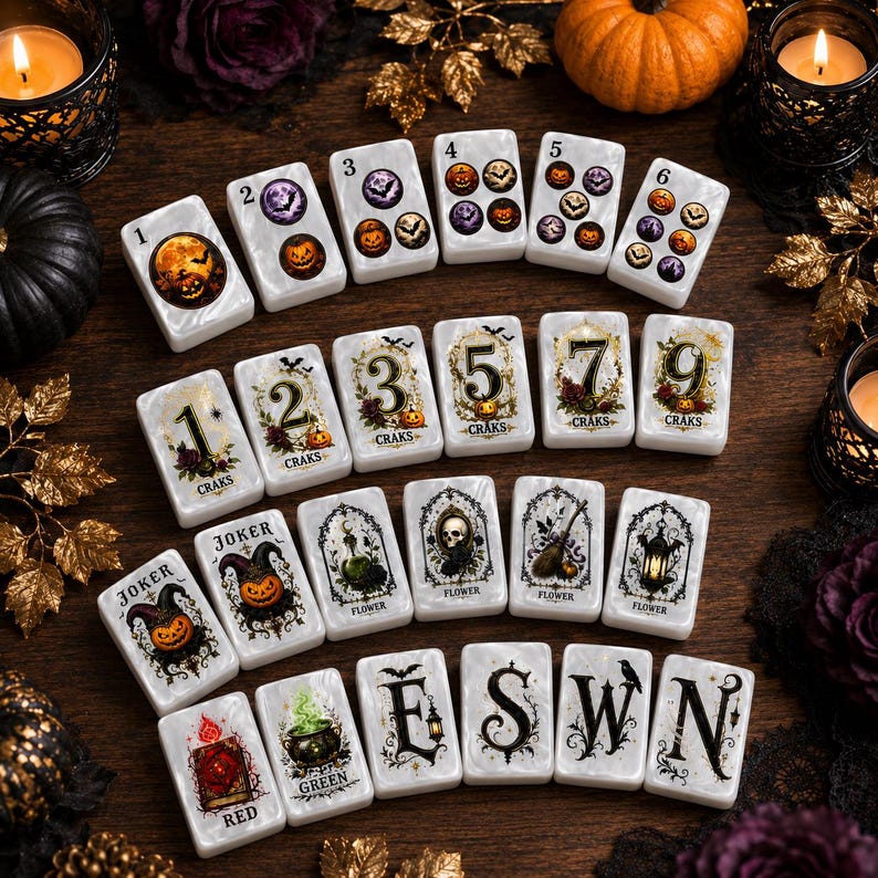 May include: A set of white rectangular mahjong tiles featuring Halloween-themed illustrations. The tiles display numbers one through six, craks, jokers, flower symbols, green, red, and the letters E, S, W, and N, all decorated with pumpkins, bats, and skulls.