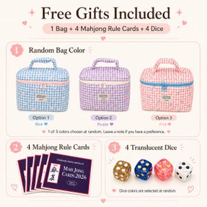 May include: Three rectangular zippered storage bags in blue, purple, and pink gingham patterns with top handles. Includes four Mahjong rule cards labeled 2026 and four translucent dice in gold, blue, pink, and white with black pips.