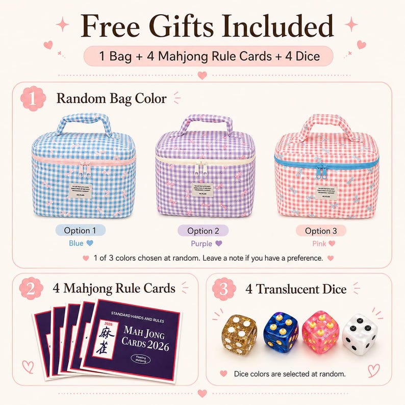 May include: Three rectangular zippered storage bags in blue, purple, and pink gingham patterns with top handles. Includes four Mahjong rule cards labeled 2026 and four translucent dice in gold, blue, pink, and white with black pips.