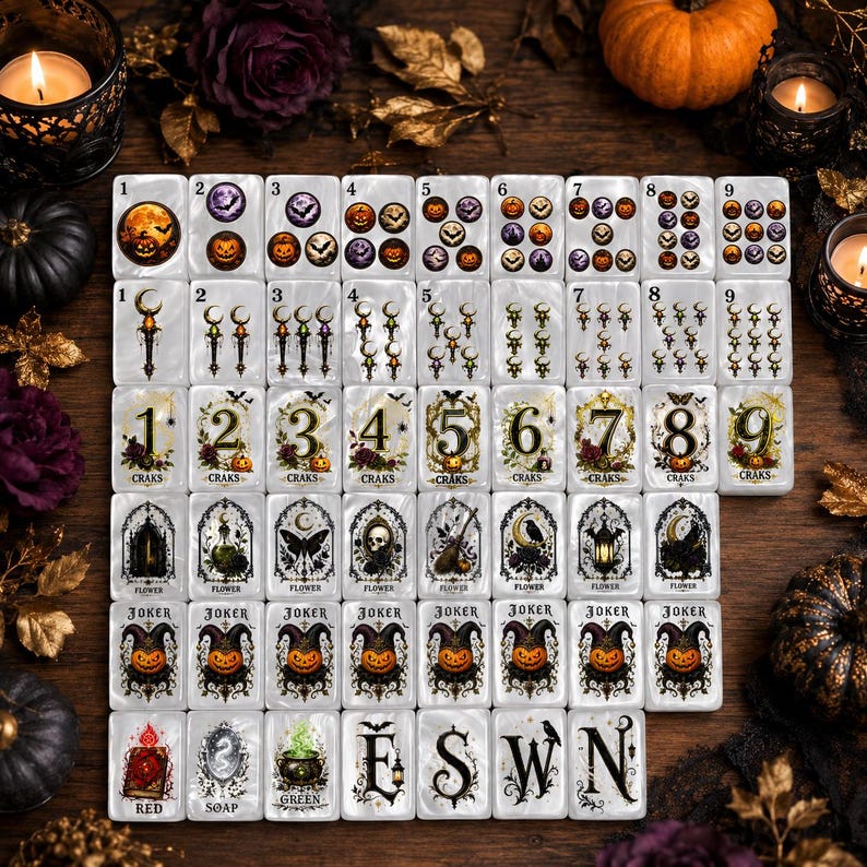 May include: A complete set of rectangular mahjong tiles featuring Halloween-themed illustrations. The tiles display numbered suits with pumpkins, bats, moons, and gothic motifs, alongside Joker tiles and directional markers labeled E, S, W, and N.