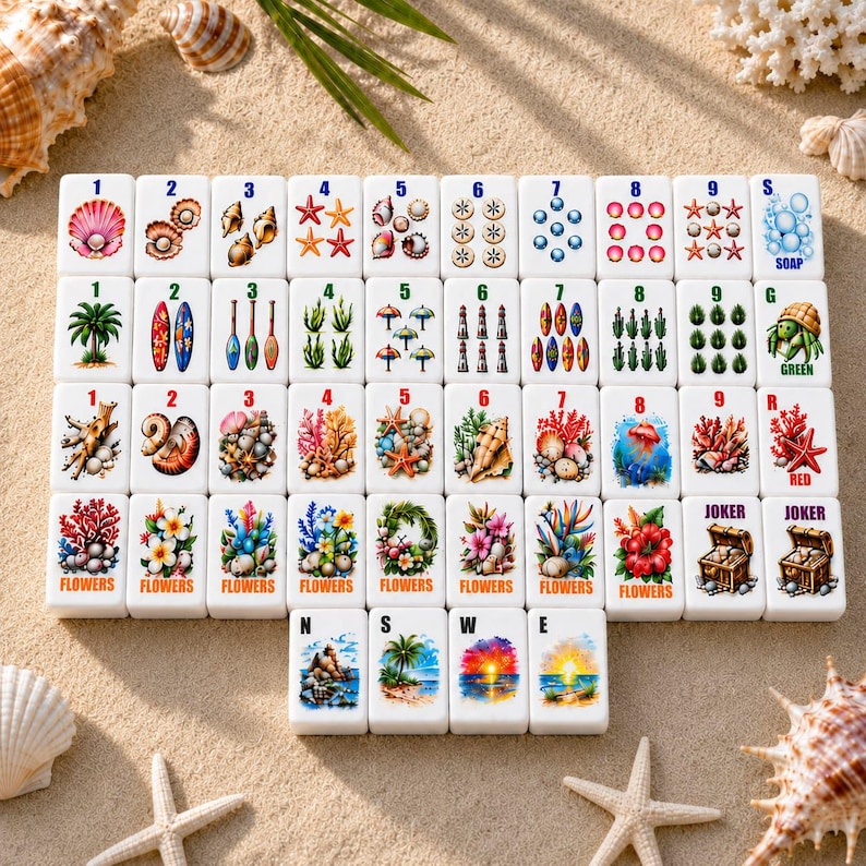 May include: A set of white rectangular mahjong tiles arranged in a grid on sand, featuring colourful illustrations of seashells, tropical plants, surfboards, lighthouses, flowers, and ocean scenes, with numbers 1-9, letters S, G, R, N, W, E, and Joker text.