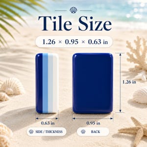 May include: Two rectangular tiles with rounded corners. One tile shows a side view with vertical stripes of dark blue, light blue, and white. The other tile shows a solid dark blue back. Text indicates dimensions of 3.2 x 2.41 x 1.6 cm.
