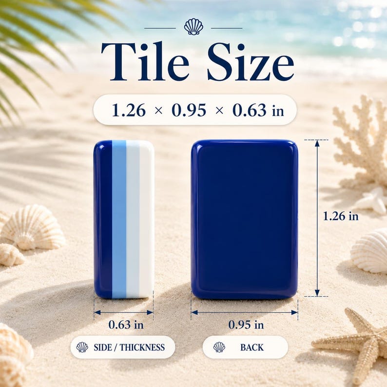 May include: Two rectangular tiles with rounded corners. One tile shows a side view with vertical stripes of dark blue, light blue, and white. The other tile shows a solid dark blue back. Text indicates dimensions of 3.2 x 2.41 x 1.6 cm.