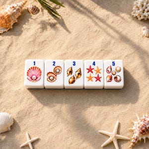 May include: Five white rectangular mahjong tiles arranged in a row, each featuring a blue number from one to five and colourful illustrations of seashells and starfish, including a pink scallop with a pearl, brown shells, and orange starfish.